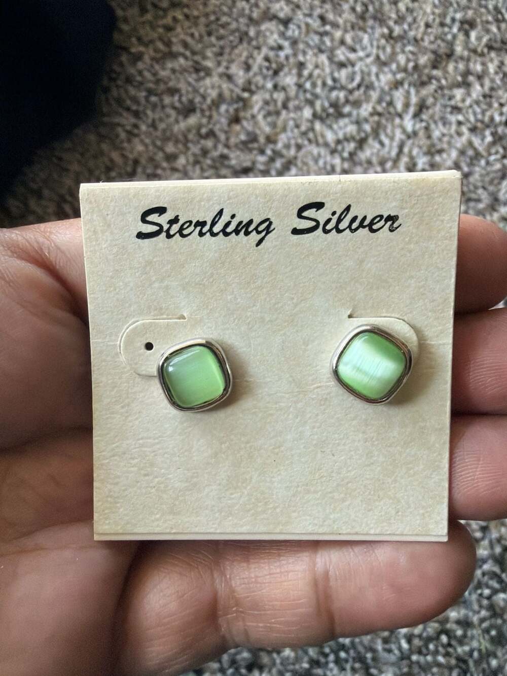 Athra Sterling Silver Green Cat's Eye Square Stud Earrings